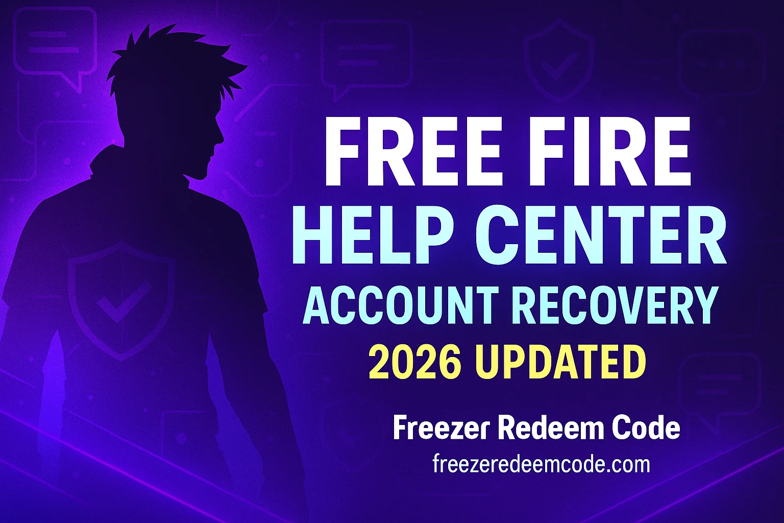 Free Fire Help Center 2026 thumbnail with account recovery and support guide in purple neon theme